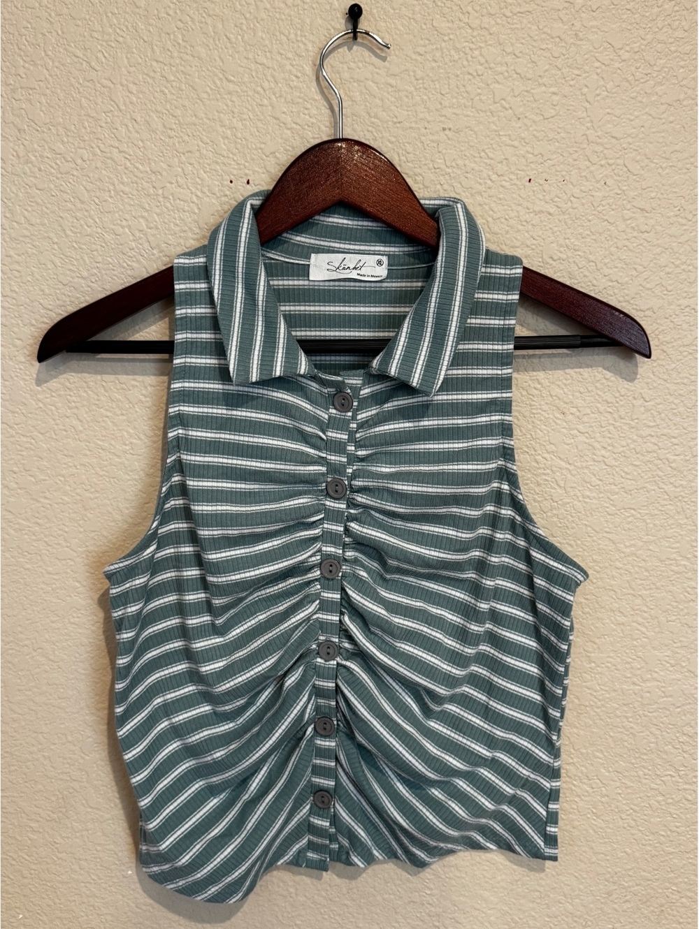 Green Striped Ruched Button Front Sleeveless Top